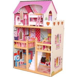 CASA MUÑECAS DE MADERA CON 15 MUEBLES