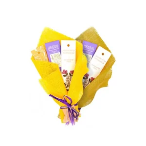 Bouquet Amarillo con 3 inciensos: JN Coco, BioAroma Lavanda, Incienso Mirra e Incensario pequeño
